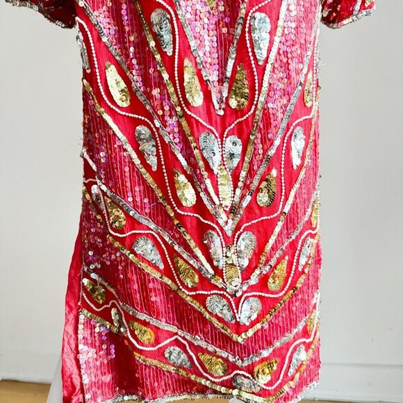 Vintage Red Silk Beaded Embroidered Long Sleeve Sheath Dress S/M - Picture 13 of 13